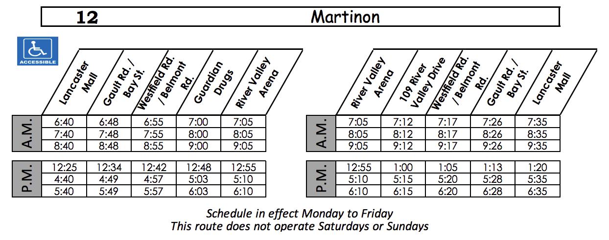 Bus Schedule route 12 Martinon